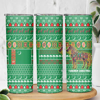 Turkmenistan Christmas Skinny Tumbler with Decorated Horse Crescent Moon Pattern and Traditional Carpet - Wonder Print Shop