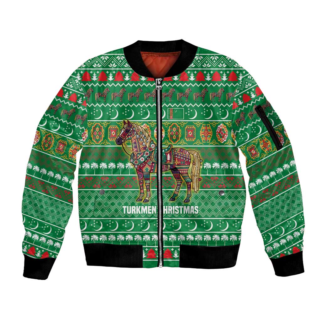 Turkmenistan Christmas Sleeve Zip Bomber Jacket with Decorated Horse Crescent Moon Pattern and Traditional Carpet - Wonder Print Shop