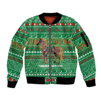 Turkmenistan Christmas Sleeve Zip Bomber Jacket with Decorated Horse Crescent Moon Pattern and Traditional Carpet - Wonder Print Shop