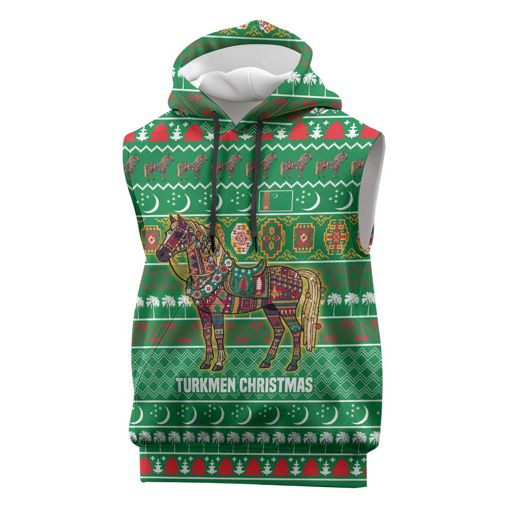 Turkmenistan Christmas Sleeveless Hoodie with Decorated Horse Crescent Moon Pattern and Traditional Carpet - Wonder Print Shop