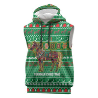 Turkmenistan Christmas Sleeveless Hoodie with Decorated Horse Crescent Moon Pattern and Traditional Carpet - Wonder Print Shop