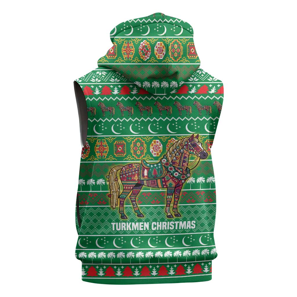 Turkmenistan Christmas Sleeveless Hoodie with Decorated Horse Crescent Moon Pattern and Traditional Carpet - Wonder Print Shop