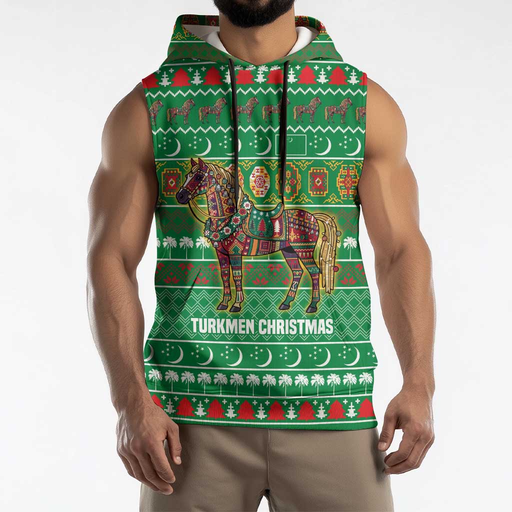 Turkmenistan Christmas Sleeveless Hoodie with Decorated Horse Crescent Moon Pattern and Traditional Carpet - Wonder Print Shop