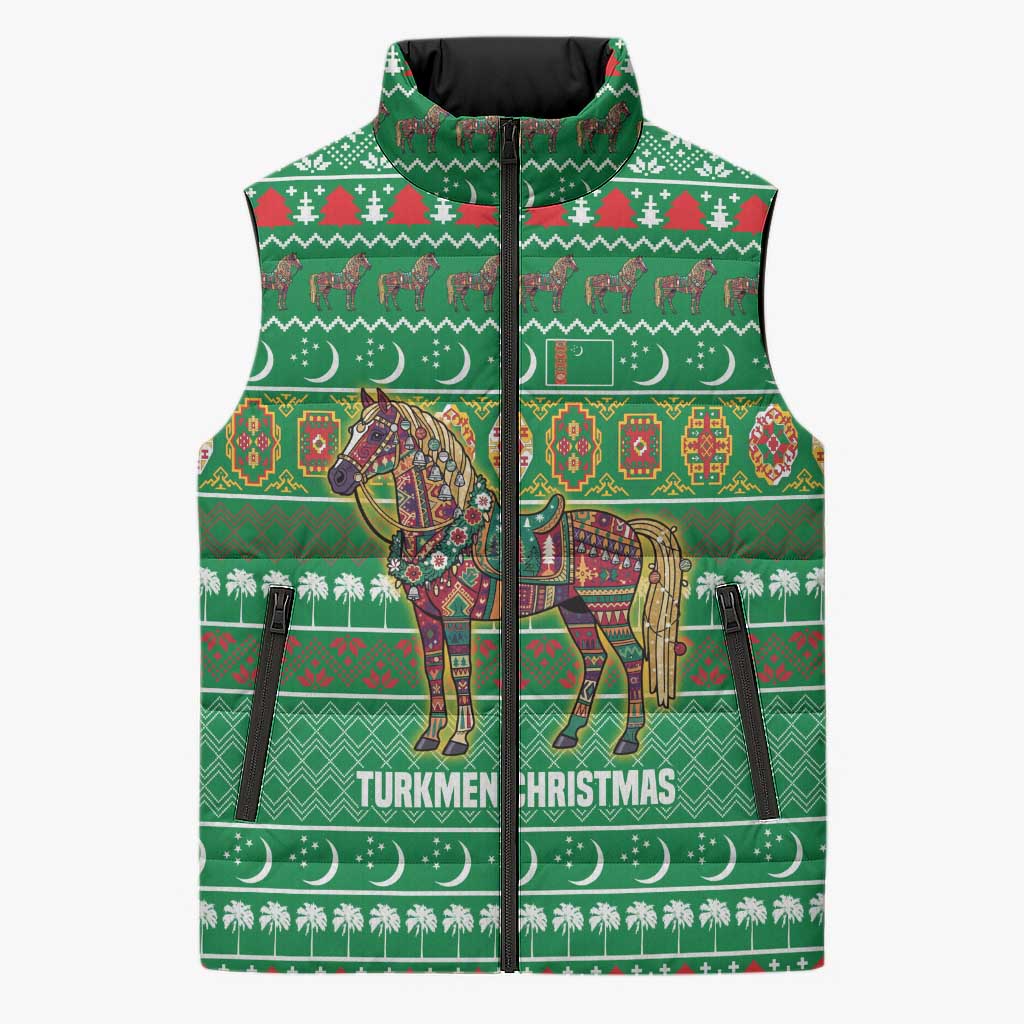Turkmenistan Christmas Sleeveless Puffer Jacket with Decorated Horse Crescent Moon Pattern and Traditional Carpet - Wonder Print Shop