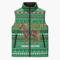 Turkmenistan Christmas Sleeveless Puffer Jacket with Decorated Horse Crescent Moon Pattern and Traditional Carpet - Wonder Print Shop