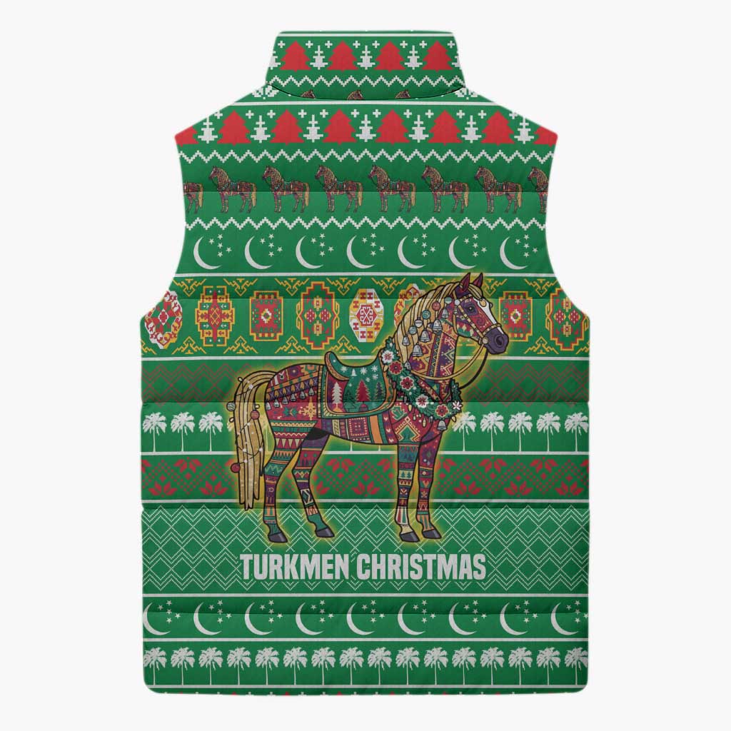 Turkmenistan Christmas Sleeveless Puffer Jacket with Decorated Horse Crescent Moon Pattern and Traditional Carpet - Wonder Print Shop
