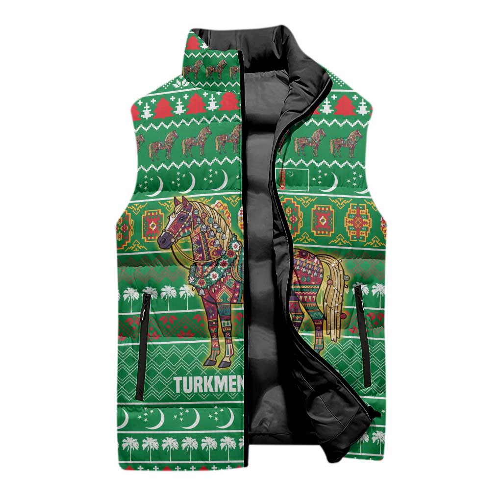 Turkmenistan Christmas Sleeveless Puffer Jacket with Decorated Horse Crescent Moon Pattern and Traditional Carpet - Wonder Print Shop