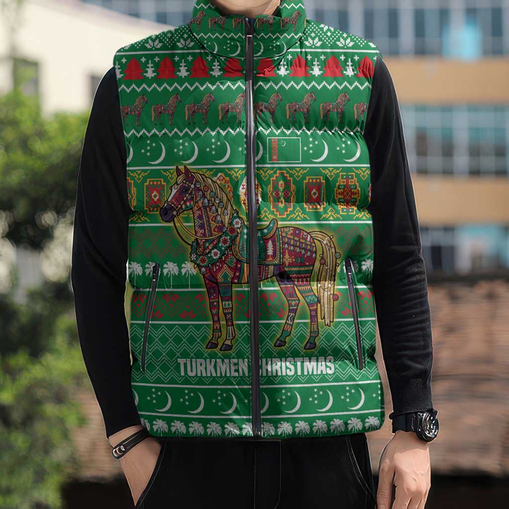 Turkmenistan Christmas Sleeveless Puffer Jacket with Decorated Horse Crescent Moon Pattern and Traditional Carpet - Wonder Print Shop