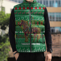 Turkmenistan Christmas Sleeveless Puffer Jacket with Decorated Horse Crescent Moon Pattern and Traditional Carpet - Wonder Print Shop