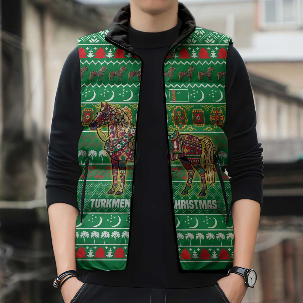 Turkmenistan Christmas Sleeveless Puffer Jacket with Decorated Horse Crescent Moon Pattern and Traditional Carpet - Wonder Print Shop