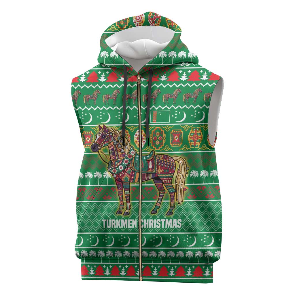 Turkmenistan Christmas Sleeveless Zip Hoodie with Decorated Horse Crescent Moon Pattern and Traditional Carpet - Wonder Print Shop