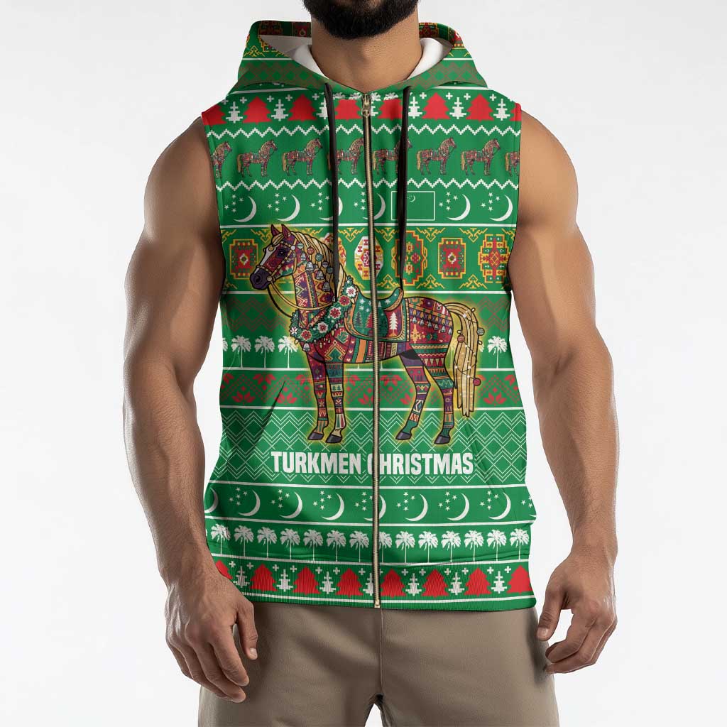Turkmenistan Christmas Sleeveless Zip Hoodie with Decorated Horse Crescent Moon Pattern and Traditional Carpet - Wonder Print Shop