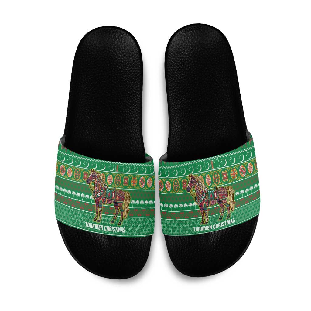 Turkmenistan Christmas Slide Sandals with Decorated Horse Crescent Moon Pattern and Traditional Carpet - Wonder Print Shop