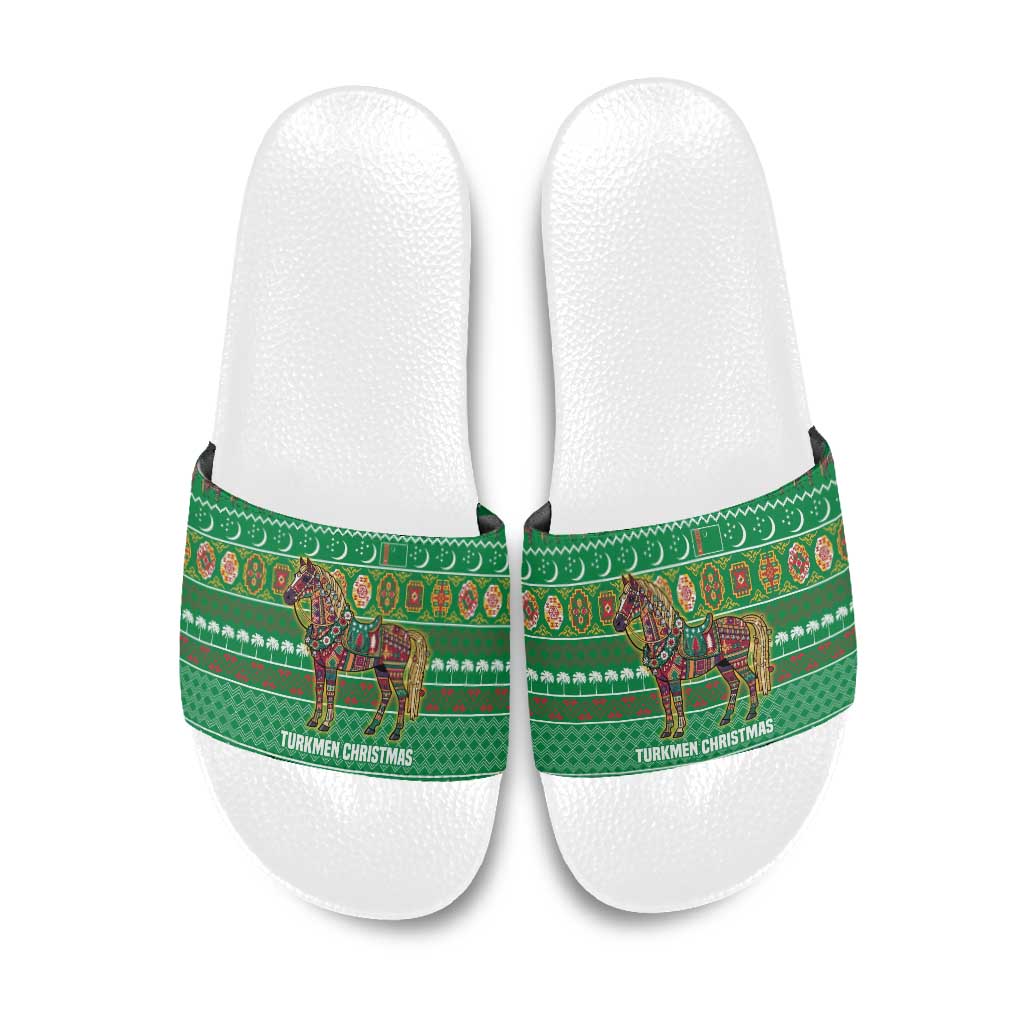 Turkmenistan Christmas Slide Sandals with Decorated Horse Crescent Moon Pattern and Traditional Carpet - Wonder Print Shop