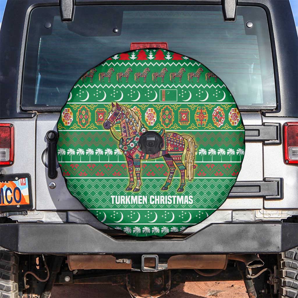 Turkmenistan Christmas Spare Tire Cover with Decorated Horse Crescent Moon Pattern and Traditional Carpet - Wonder Print Shop