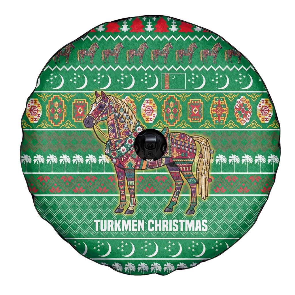 Turkmenistan Christmas Spare Tire Cover with Decorated Horse Crescent Moon Pattern and Traditional Carpet - Wonder Print Shop