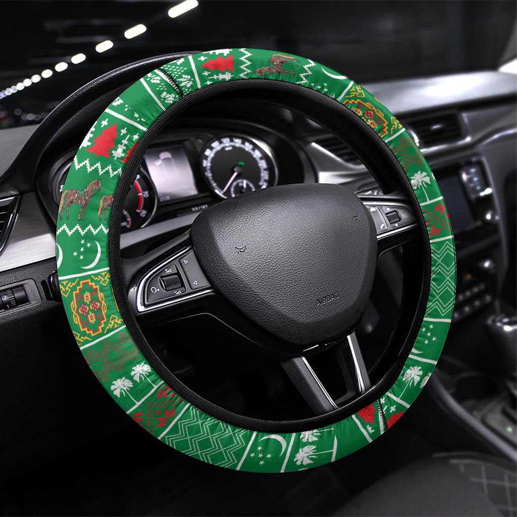 Turkmenistan Christmas Steering Wheel Cover with Decorated Horse Crescent Moon Pattern and Traditional Carpet - Wonder Print Shop
