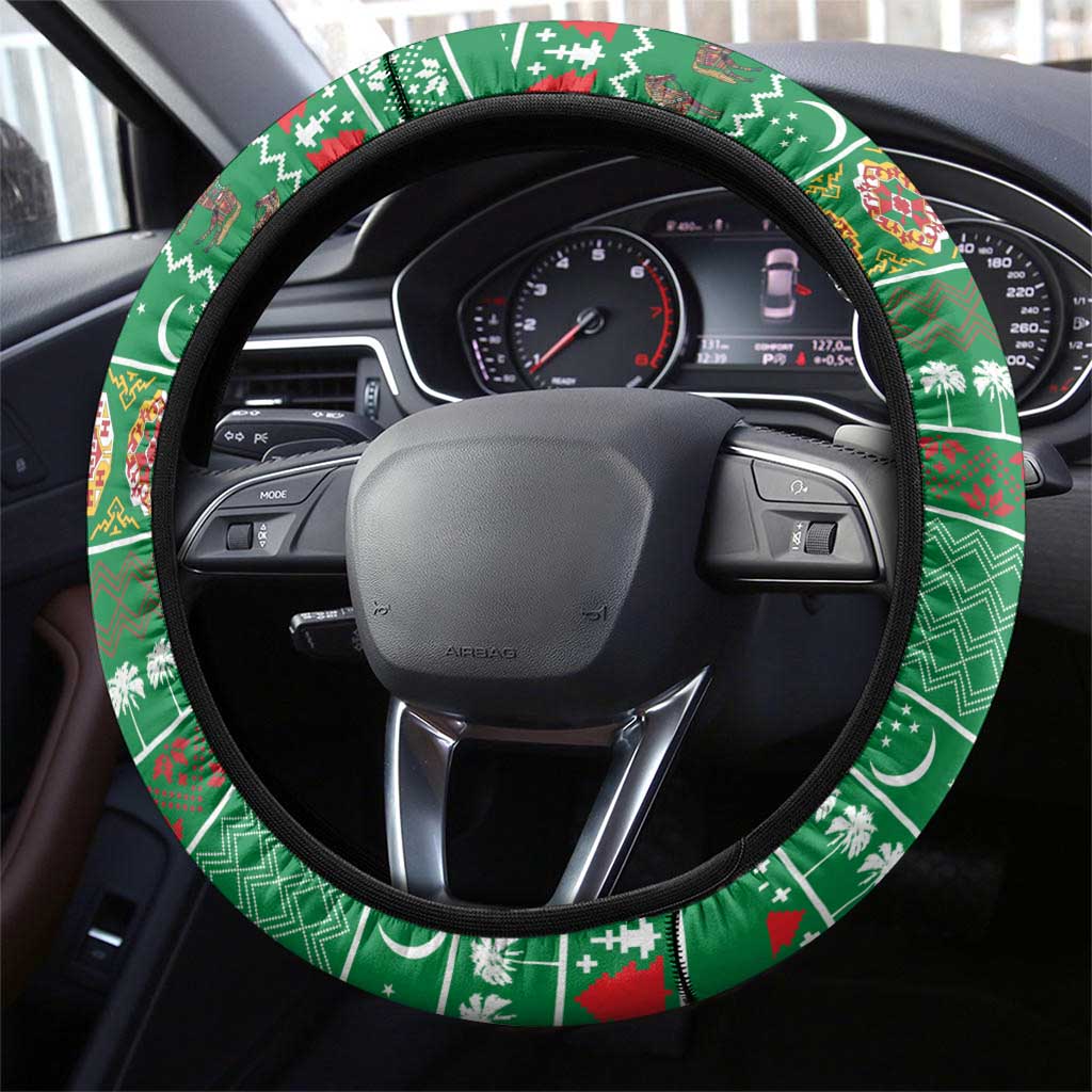 Turkmenistan Christmas Steering Wheel Cover with Decorated Horse Crescent Moon Pattern and Traditional Carpet - Wonder Print Shop