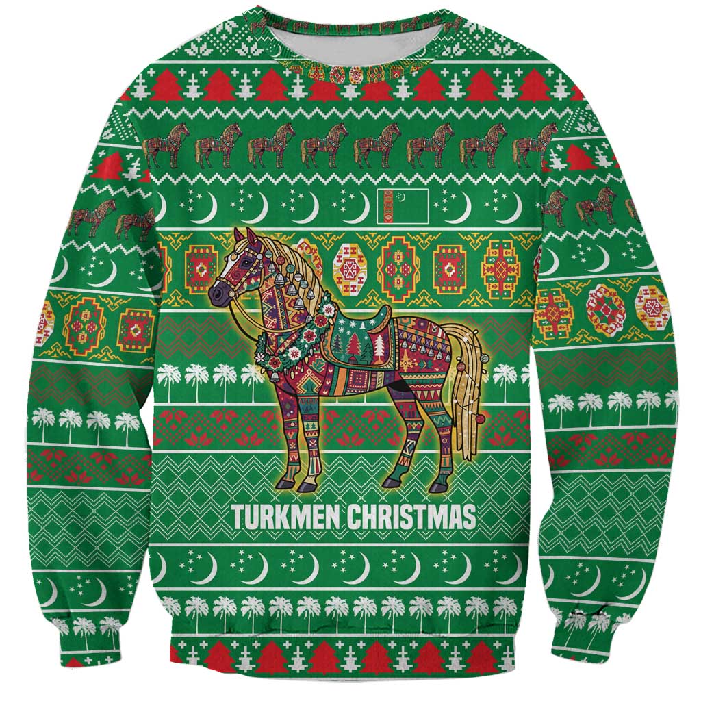 Turkmenistan Christmas Sweatshirt with Decorated Horse Crescent Moon Pattern and Traditional Carpet - Wonder Print Shop