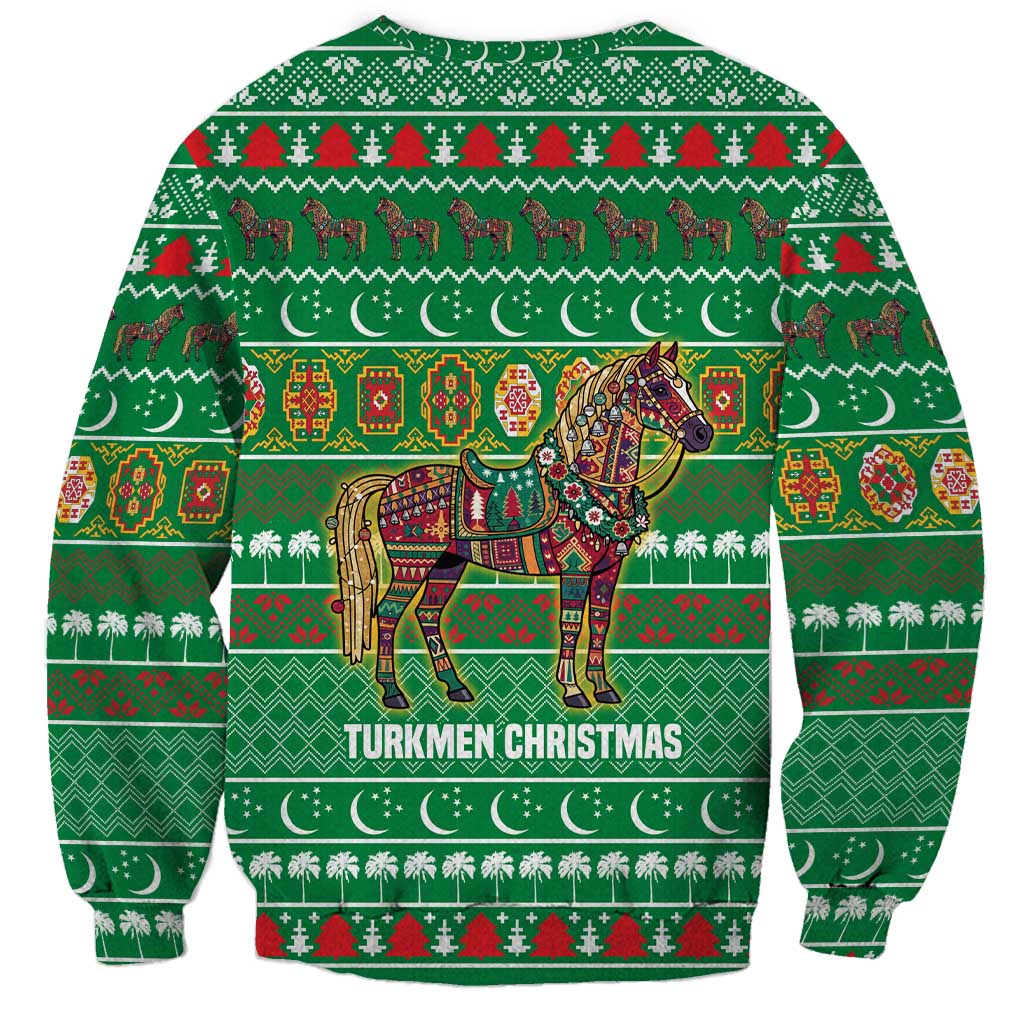 Turkmenistan Christmas Sweatshirt with Decorated Horse Crescent Moon Pattern and Traditional Carpet - Wonder Print Shop
