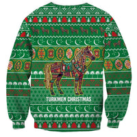 Turkmenistan Christmas Sweatshirt with Decorated Horse Crescent Moon Pattern and Traditional Carpet - Wonder Print Shop