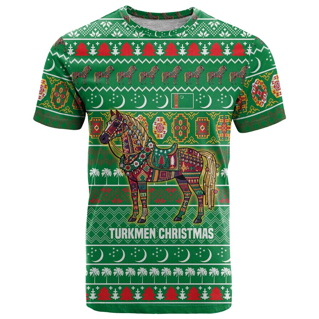 Turkmenistan Christmas T Shirt with Decorated Horse Crescent Moon Pattern and Traditional Carpet - Wonder Print Shop