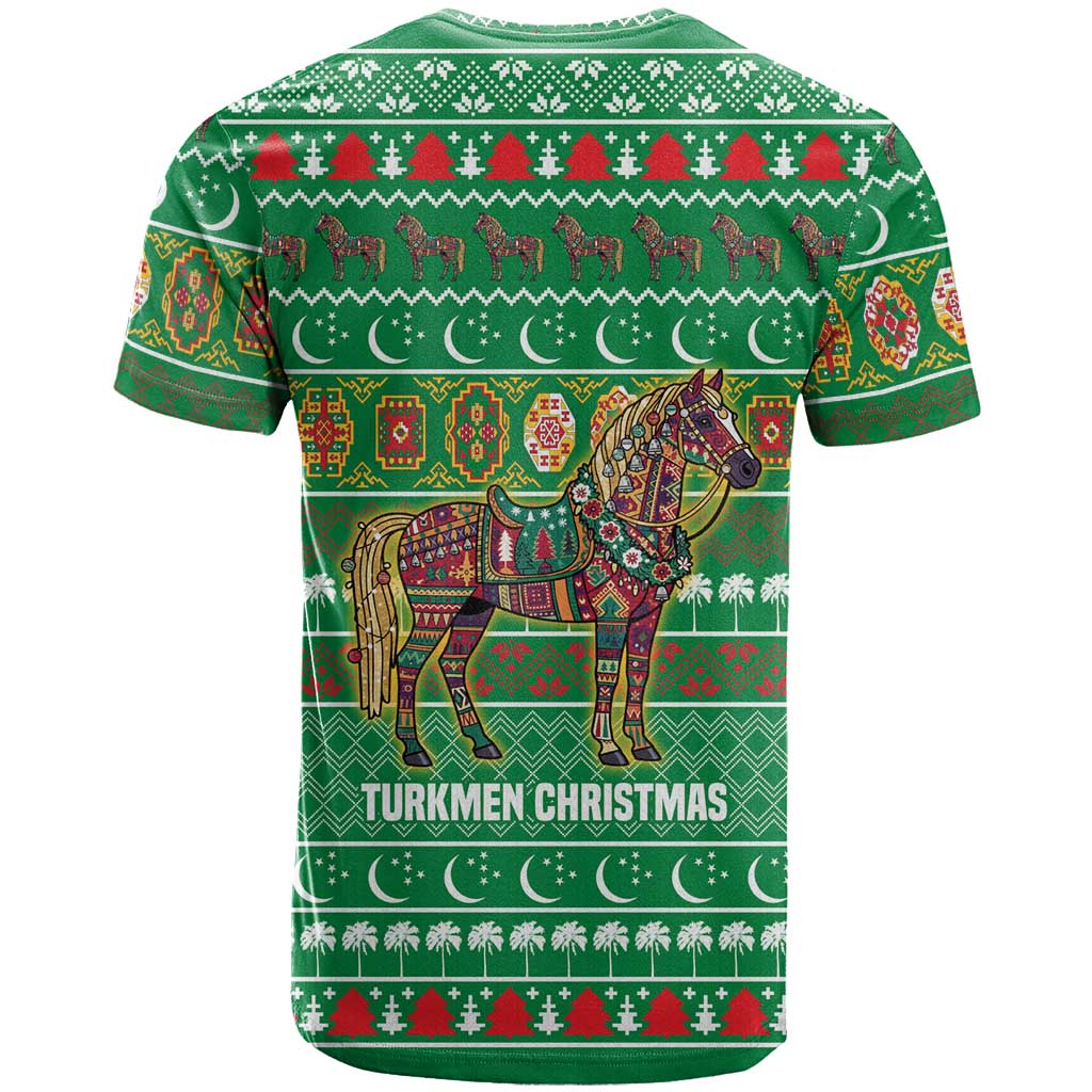 Turkmenistan Christmas T Shirt with Decorated Horse Crescent Moon Pattern and Traditional Carpet - Wonder Print Shop