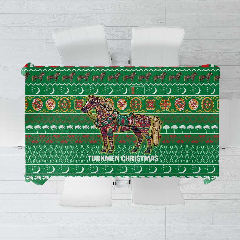 Turkmenistan Christmas Tablecloth with Decorated Horse Crescent Moon Pattern and Traditional Carpet - Wonder Print Shop