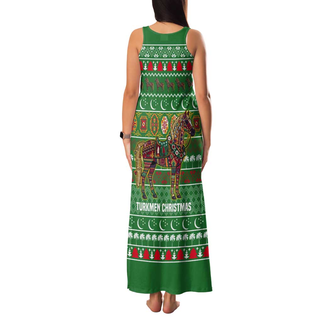 Turkmenistan Christmas Tank Maxi Dress with Decorated Horse Crescent Moon Pattern and Traditional Carpet - Wonder Print Shop