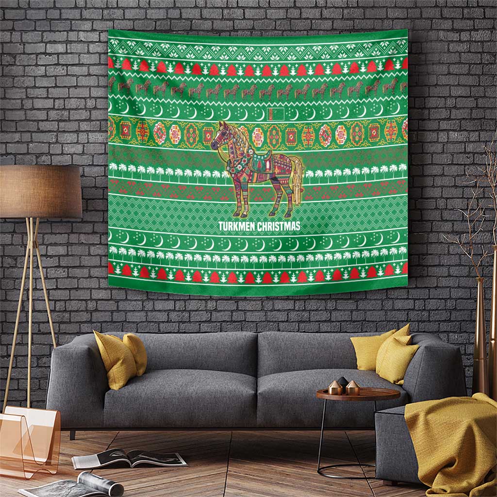 Turkmenistan Christmas Tapestry with Decorated Horse Crescent Moon Pattern and Traditional Carpet - Wonder Print Shop
