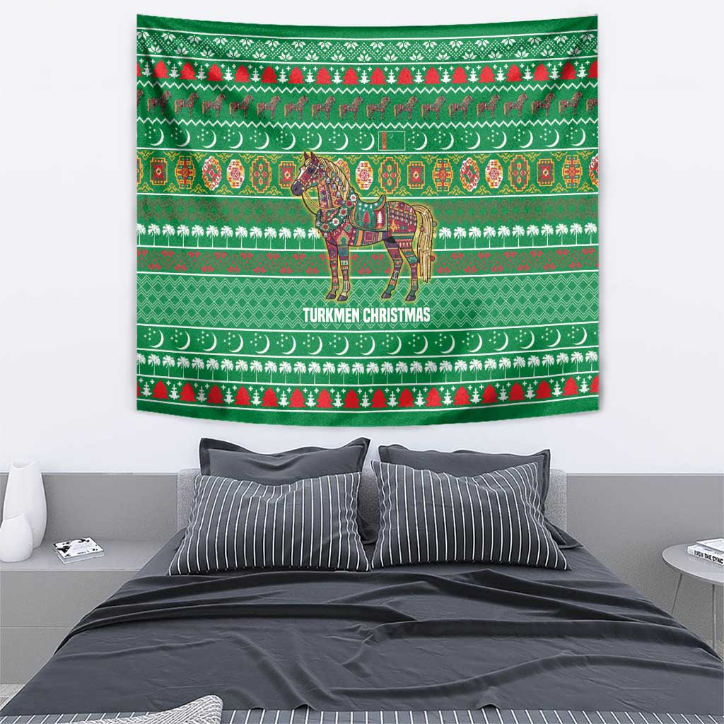 Turkmenistan Christmas Tapestry with Decorated Horse Crescent Moon Pattern and Traditional Carpet - Wonder Print Shop