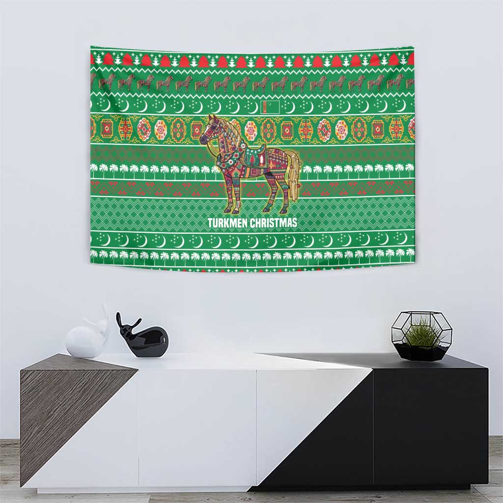 Turkmenistan Christmas Tapestry with Decorated Horse Crescent Moon Pattern and Traditional Carpet - Wonder Print Shop