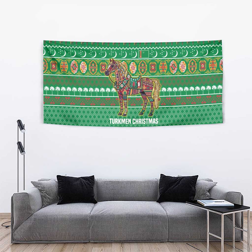 Turkmenistan Christmas Tapestry with Decorated Horse Crescent Moon Pattern and Traditional Carpet - Wonder Print Shop