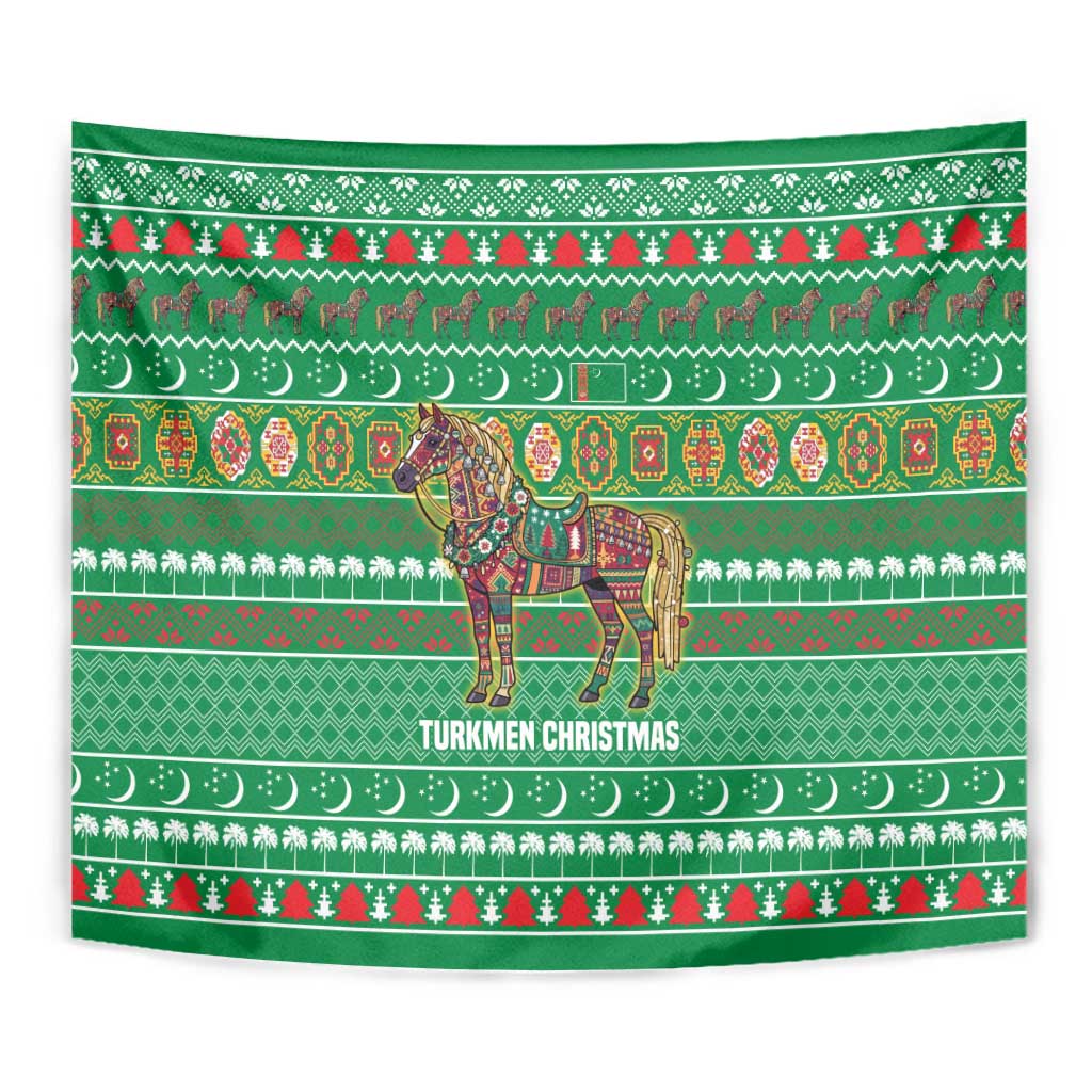 Turkmenistan Christmas Tapestry with Decorated Horse Crescent Moon Pattern and Traditional Carpet - Wonder Print Shop
