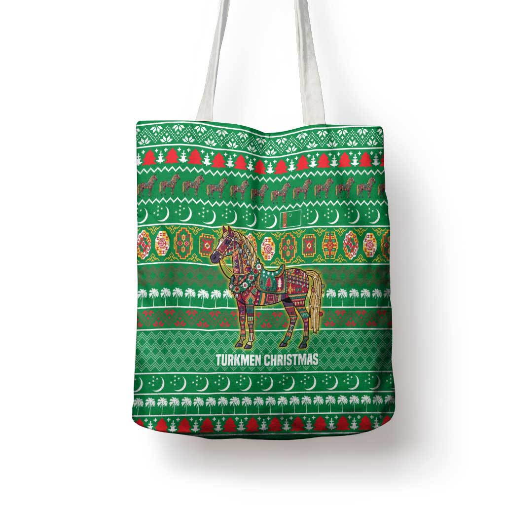 Turkmenistan Christmas Tote Bag with Decorated Horse Crescent Moon Pattern and Traditional Carpet - Wonder Print Shop