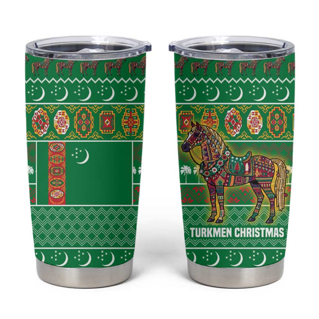 Turkmenistan Christmas Tumbler Cup with Decorated Horse Crescent Moon Pattern and Traditional Carpet - Wonder Print Shop