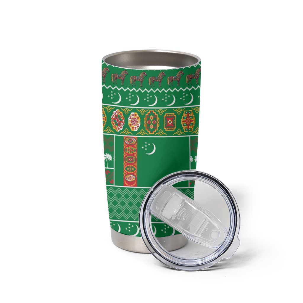 Turkmenistan Christmas Tumbler Cup with Decorated Horse Crescent Moon Pattern and Traditional Carpet - Wonder Print Shop