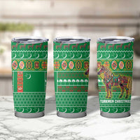 Turkmenistan Christmas Tumbler Cup with Decorated Horse Crescent Moon Pattern and Traditional Carpet - Wonder Print Shop