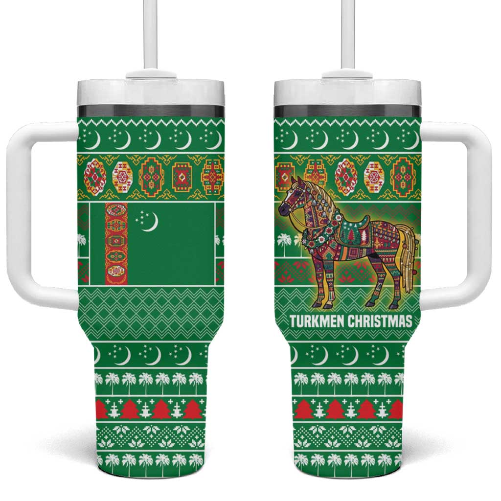 Turkmenistan Christmas Tumbler With Handle with Decorated Horse Crescent Moon Pattern and Traditional Carpet - Wonder Print Shop