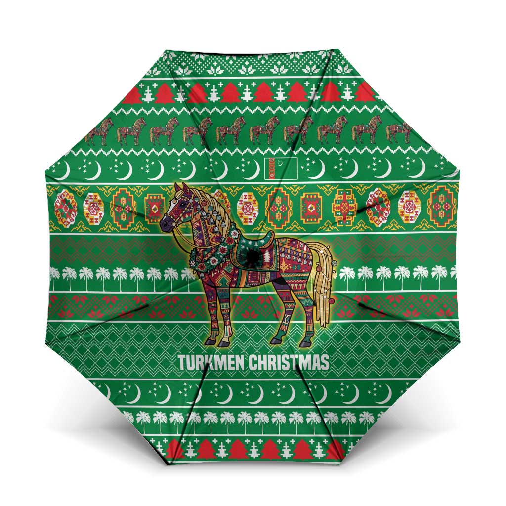 Turkmenistan Christmas Umbrella with Decorated Horse Crescent Moon Pattern and Traditional Carpet - Wonder Print Shop