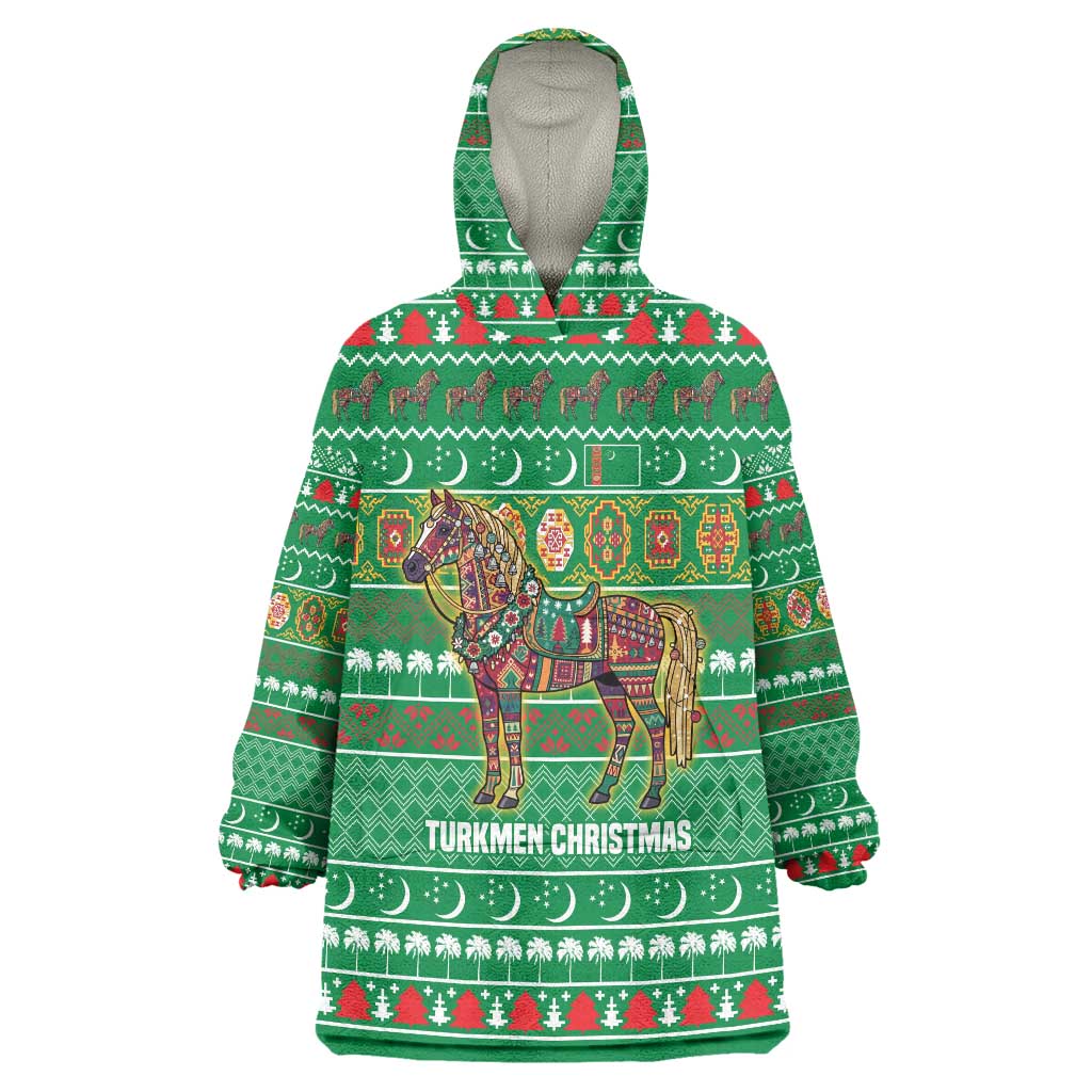 Turkmenistan Christmas Wearable Blanket Hoodie with Decorated Horse Crescent Moon Pattern and Traditional Carpet - Wonder Print Shop