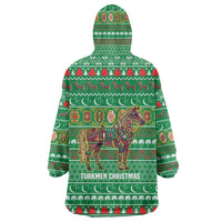Turkmenistan Christmas Wearable Blanket Hoodie with Decorated Horse Crescent Moon Pattern and Traditional Carpet - Wonder Print Shop