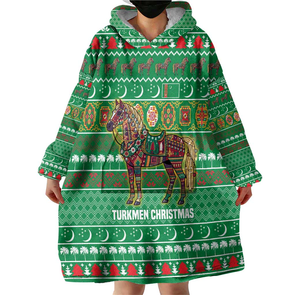 Turkmenistan Christmas Wearable Blanket Hoodie with Decorated Horse Crescent Moon Pattern and Traditional Carpet - Wonder Print Shop
