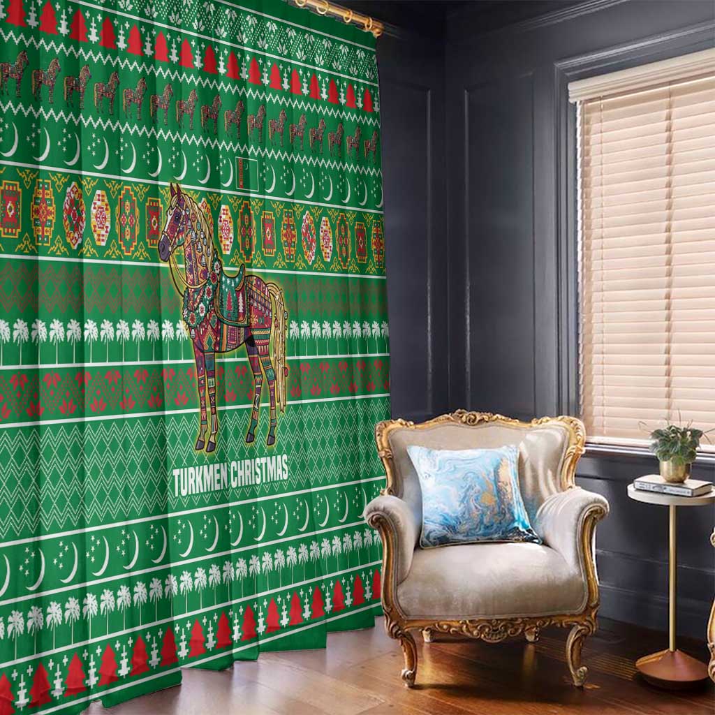 Turkmenistan Christmas Window Curtain with Decorated Horse Crescent Moon Pattern and Traditional Carpet - Wonder Print Shop