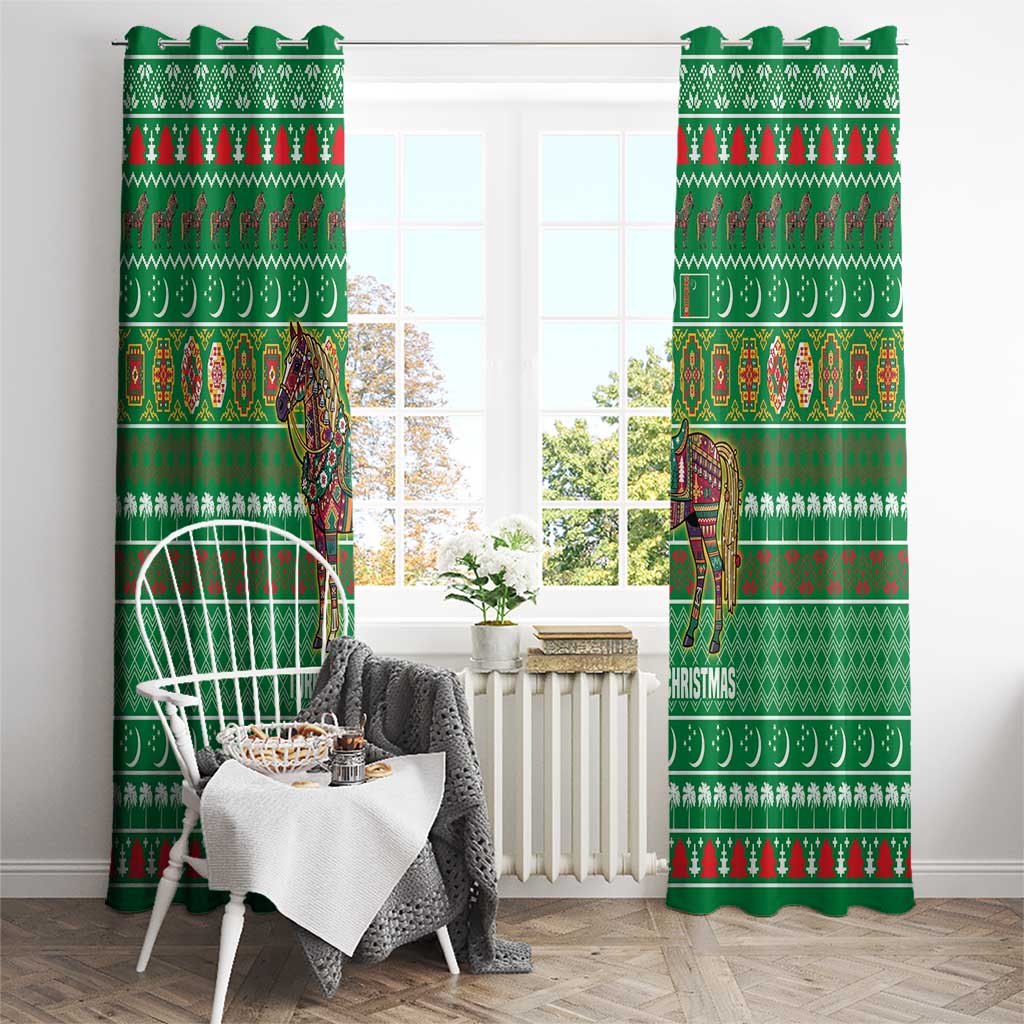 Turkmenistan Christmas Window Curtain with Decorated Horse Crescent Moon Pattern and Traditional Carpet - Wonder Print Shop