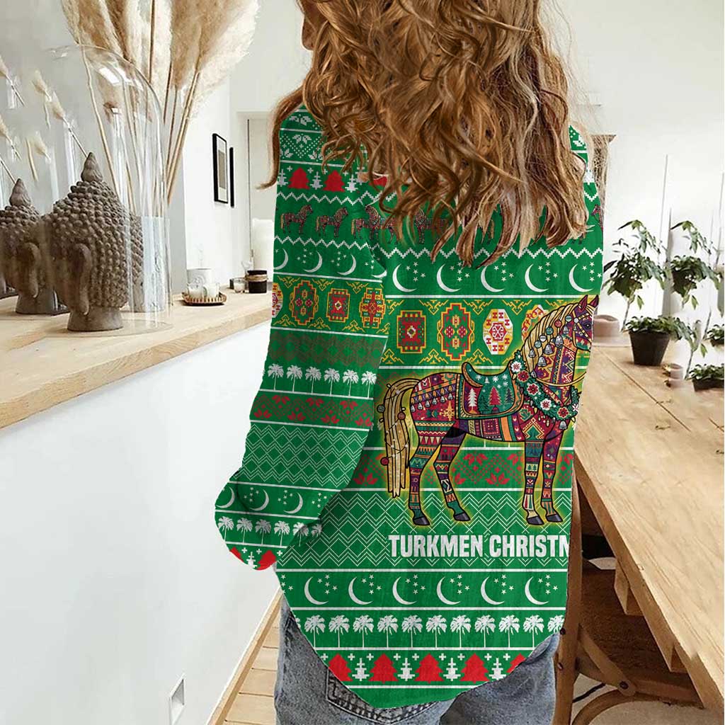 Turkmenistan Christmas Women Casual Shirt with Decorated Horse Crescent Moon Pattern and Traditional Carpet - Wonder Print Shop