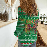 Turkmenistan Christmas Women Casual Shirt with Decorated Horse Crescent Moon Pattern and Traditional Carpet - Wonder Print Shop