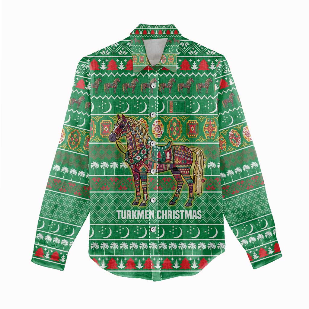 Turkmenistan Christmas Women Casual Shirt with Decorated Horse Crescent Moon Pattern and Traditional Carpet - Wonder Print Shop