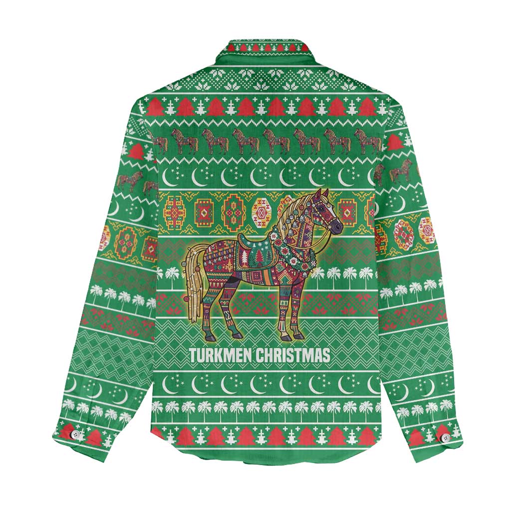Turkmenistan Christmas Women Casual Shirt with Decorated Horse Crescent Moon Pattern and Traditional Carpet - Wonder Print Shop