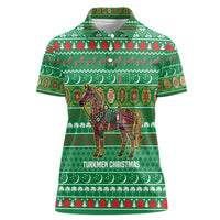 Turkmenistan Christmas Women Polo Shirt with Decorated Horse Crescent Moon Pattern and Traditional Carpet - Wonder Print Shop